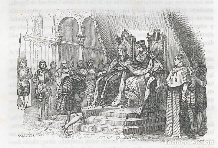 Militaria: L&aacute;mina Cuadro Reyes Cat&oacute;licos reciben a Col&oacute;n en Barcelona. Litograf&iacute;a: Mart&iacute;nez. 1854. Espa&ntilde;a. R&eacute;pl