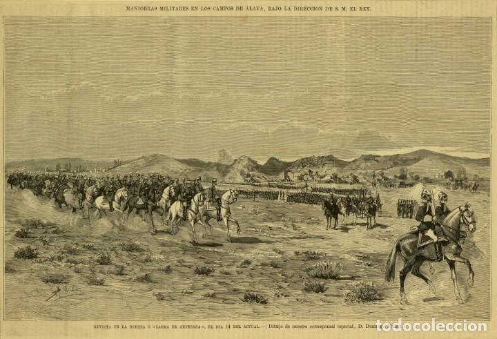 Militaria: L&aacute;mina Cuadro Maniobras Militares en &Aacute;lava, Larra de Antezana, Rey Alfonso XII. Guerra Carlista