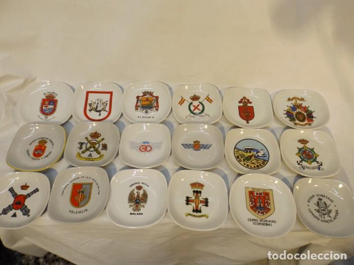 Military Antiques: lOTE 18 PLATILLOS CENICEROS CER&Aacute;MICA CON DIFERENTES ESCUDOS Y SELLOS MILITARES 12x12 APROX.