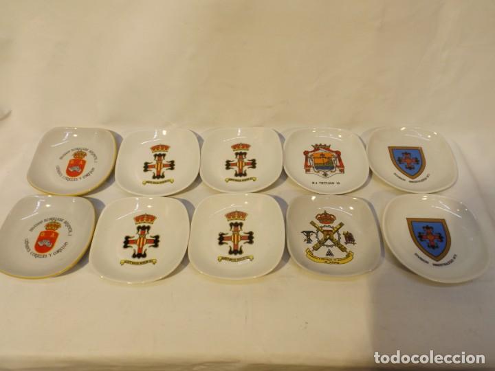 Military Antiques: lOTE 10 PLATILLOS CENICEROS CER&Aacute;MICA SELLOS MILITARES ESCUDOS ALGUNO REPETIDO 12x12 CM.