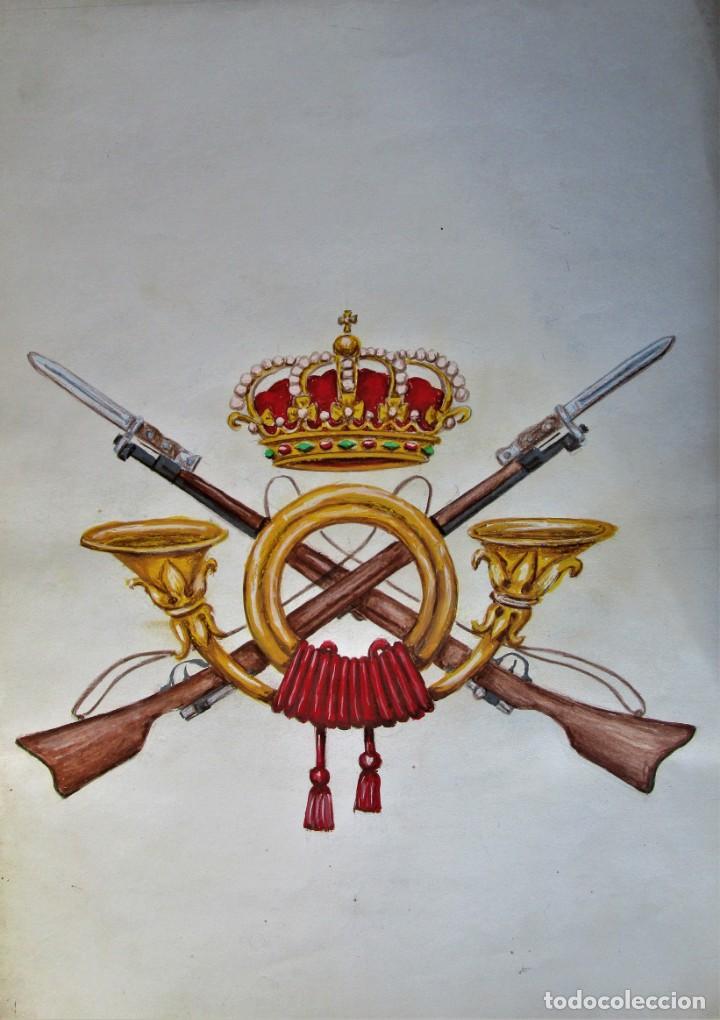 Militaria: ESCUDO DE INFANTER&Iacute;A - PINTADO CON ACRILICO - 45X32 CM.