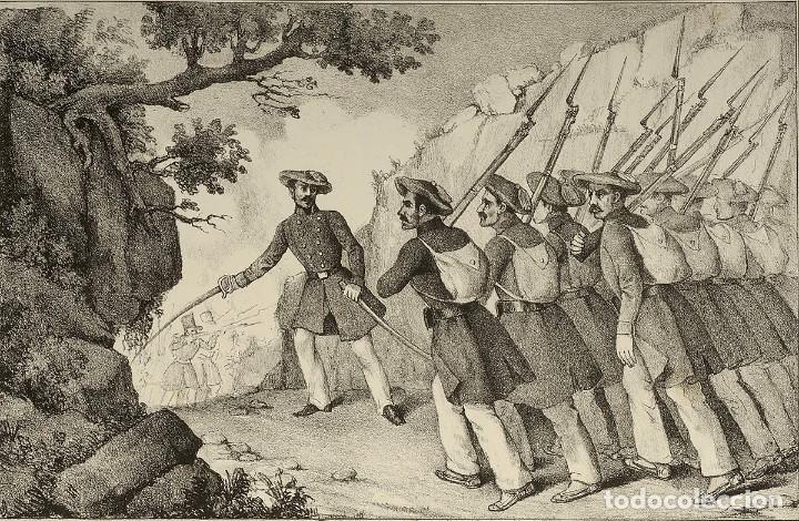 Militaria: L&aacute;mina Cuadro Batall&oacute;n Gu&iacute;as de Navarra. Guerras Carlistas. Autor: Manuel Miranda. Siglo XIX. Espa&ntilde;a
