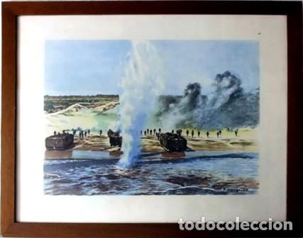 Military Antiques: LAMINA ENMARCADA CON CRISTAL MOTIVO DESEMBARCO MILITAR EN PLAYA - CUADRO-213