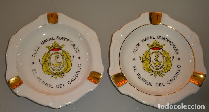 Militaria: 2 CENICEROS PLATOS MILITARES. CLUB NAVAL DE SUBOFICIALES EL FERROL DEL CAUDILLO. 14CM. 330GR
