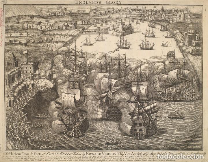 Military Antiques: R&Eacute;PLICA L&aacute;mina Batalla de Portobelo, Panam&aacute;. Espa&ntilde;a &ndash; Inglaterra, Vernon. 1739. Siglo XVIII.