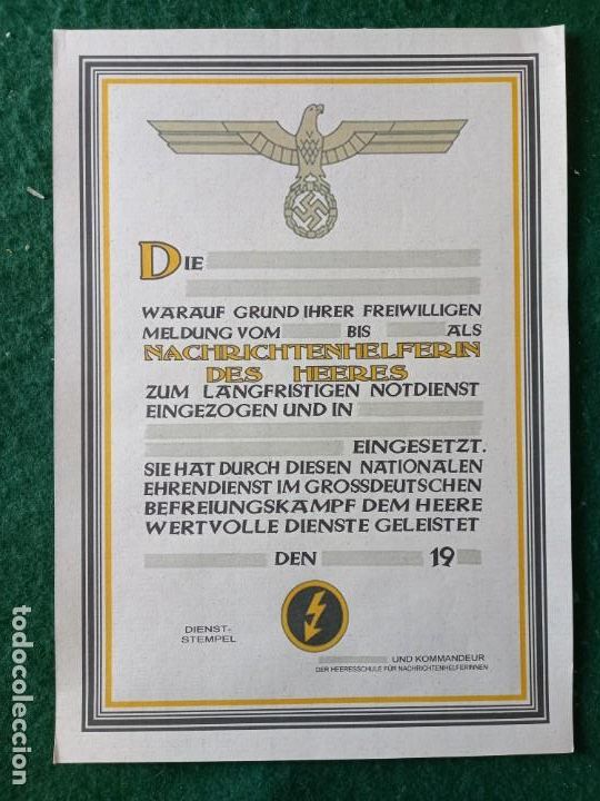 Military Antiques: Certificado aptitud personal femenino de la Whermatch. R&eacute;plica. Alemania. Segunda Guerra Mundial