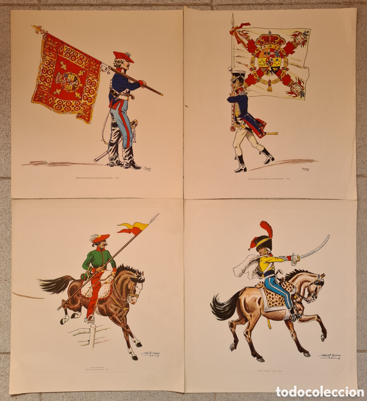 Military Antiques: 4 L&aacute;minas Banderas General&iacute;sima Zumalac&aacute;rregui Coronela Regimiento Lancero Navarra Carlista H&uacute;sares
