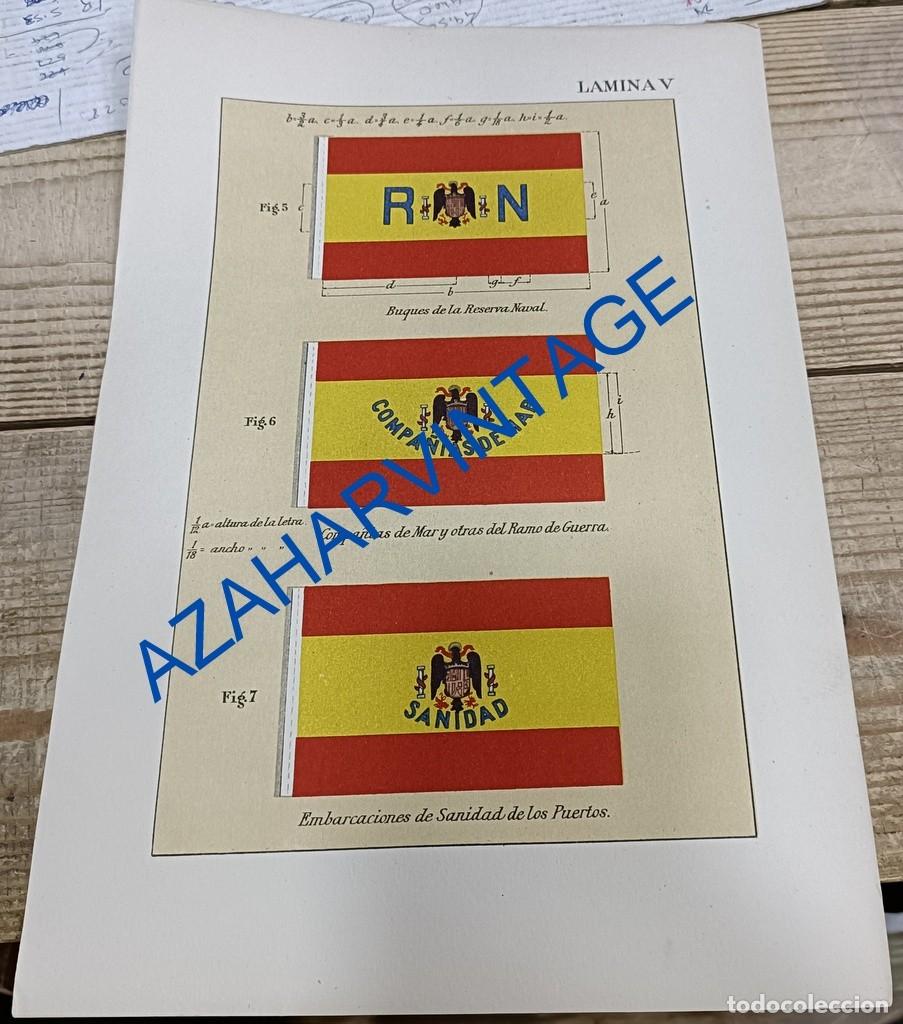 Military Antiques: ANTIGUA LAMINA BANDERIN BUQUES DE RESERVA NAVAL, COMPA&Ntilde;IAS DEL MAR, SANIDAD PUERTOS, 210X305MM