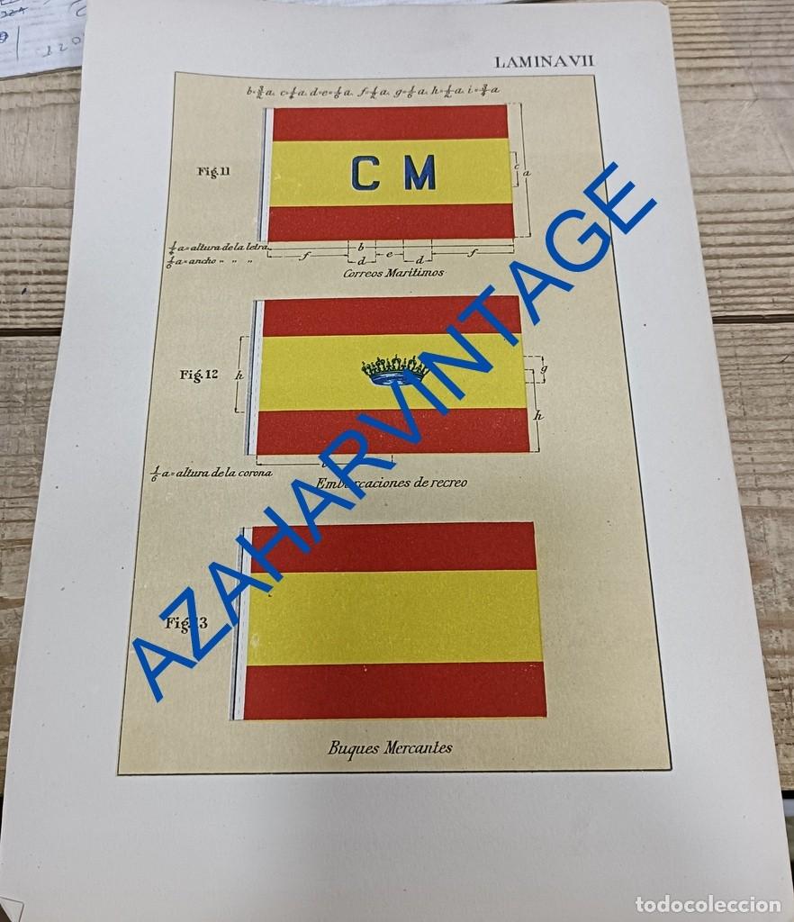 Military Antiques: ANTIGUA LAMINA BANDERIN CORREOS MARITIMOS, EMBARCACIONES RECREO Y BUQUES MERCANTES, 210X305MM