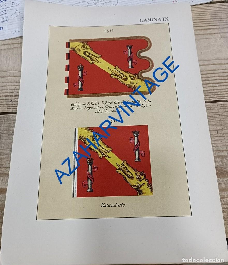 Military Antiques: ANTIGUA LAMINA GUION Y ESTANDARTE DE S.E. EL JEFE DEL ESTADO, CAUDILLO, 210X305MM