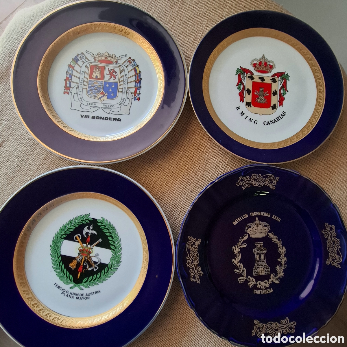 Militaria: Lote 4 platos ej&eacute;rcito tercio juan de Austria, ingenieros Cartagena, VIII bandera Castilla Le&oacute;n, etc