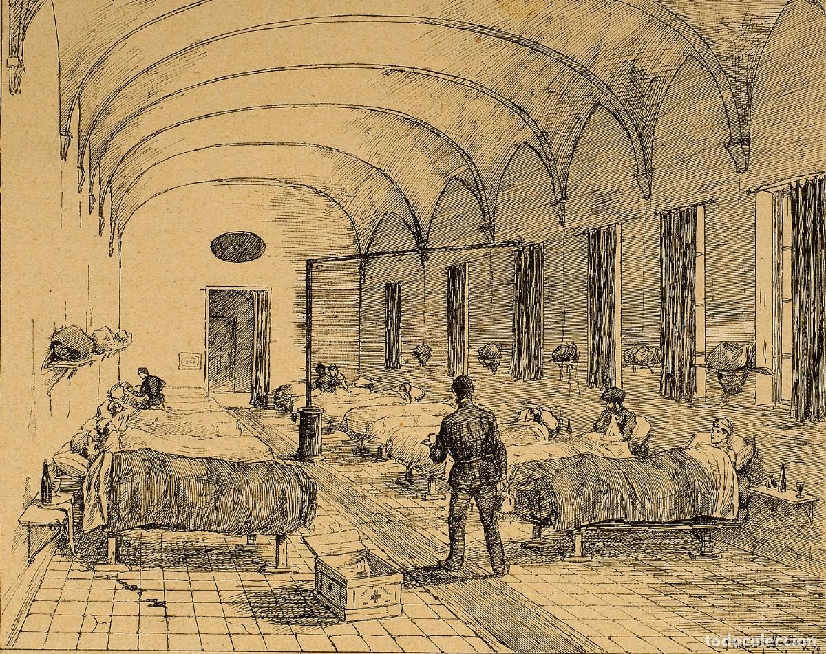 Militaria: R&Eacute;PLICA L&aacute;mina Cuadro Heridos en Hospital Carlista de Irache, Iratxe, Ayegui Navarra Guerra Carlista