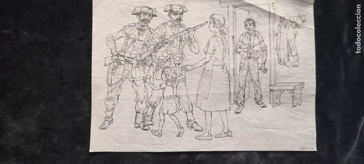 Military Antiques: Magn&iacute;fico dibujo a plumilla de una intervenci&oacute;n de la Guardia Civil firmado Maruja