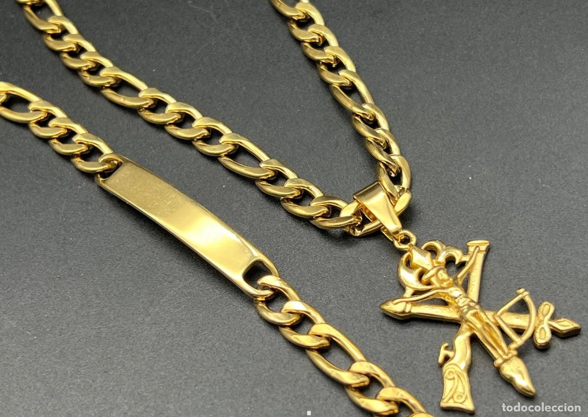 Militaria: Cadena eslabones 7mm*60cm + esclava + cruz legi&oacute;n, acero 316L chapado oro 18k
