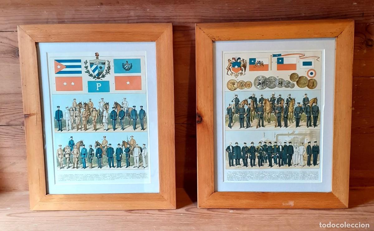 Militaria: 2 CUADROS CON LAMINAS ANTIGUAS MILITARES DE CHILE Y CUBA