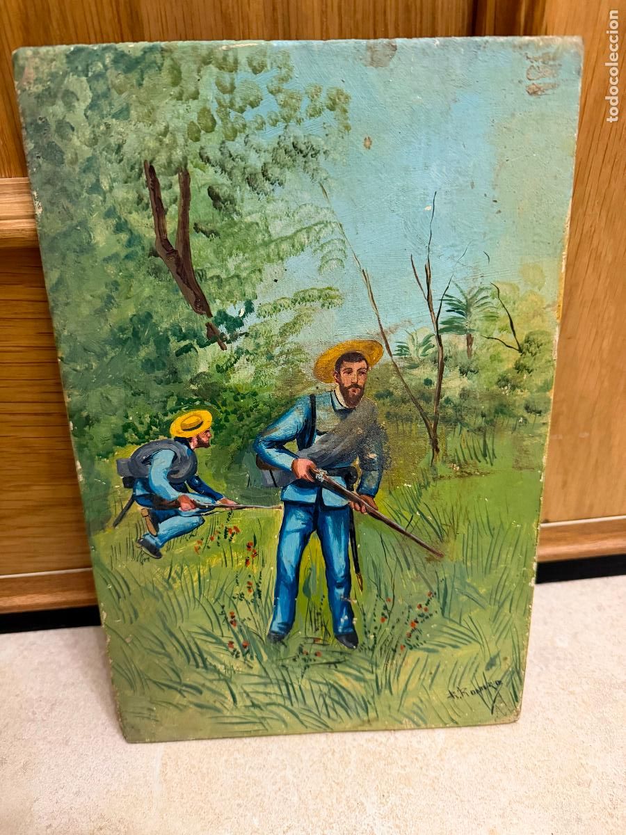 Militaria: Tablilla al &oacute;leo soldados cuba filipinas