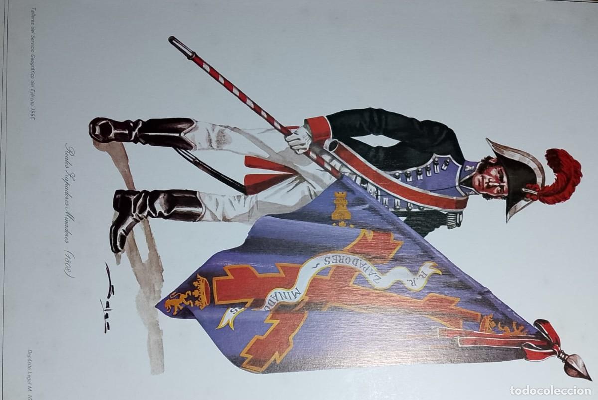 Militaria: Lote 3 L&aacute;minas Uniformes Militares Espa&ntilde;oles - J.M. Bueno - Servicio Geogr&aacute;fico del Ej&eacute;rcito 1985.