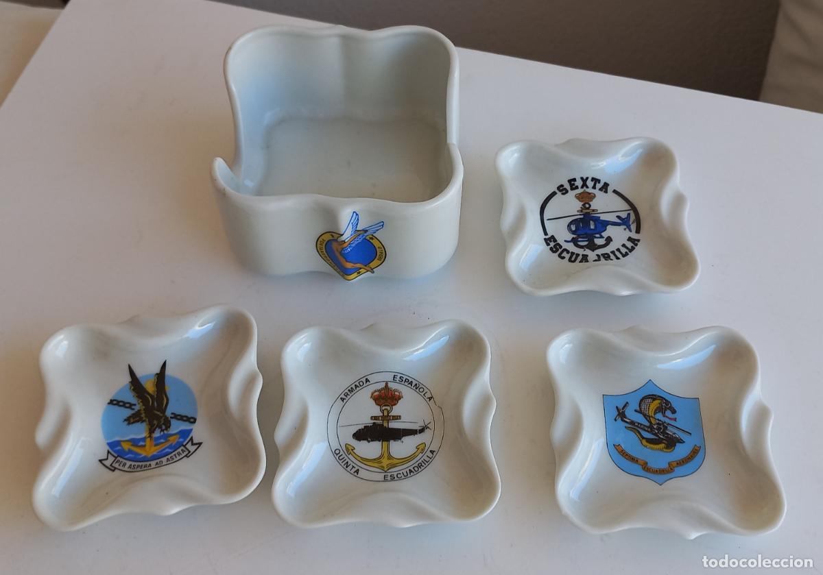 Military Antiques: 4 CENICEROS DE PORCELANA O CER&Aacute;MICA, INDIVIDUALES CON EMBLEMA MILITAR. 8,5x8,5