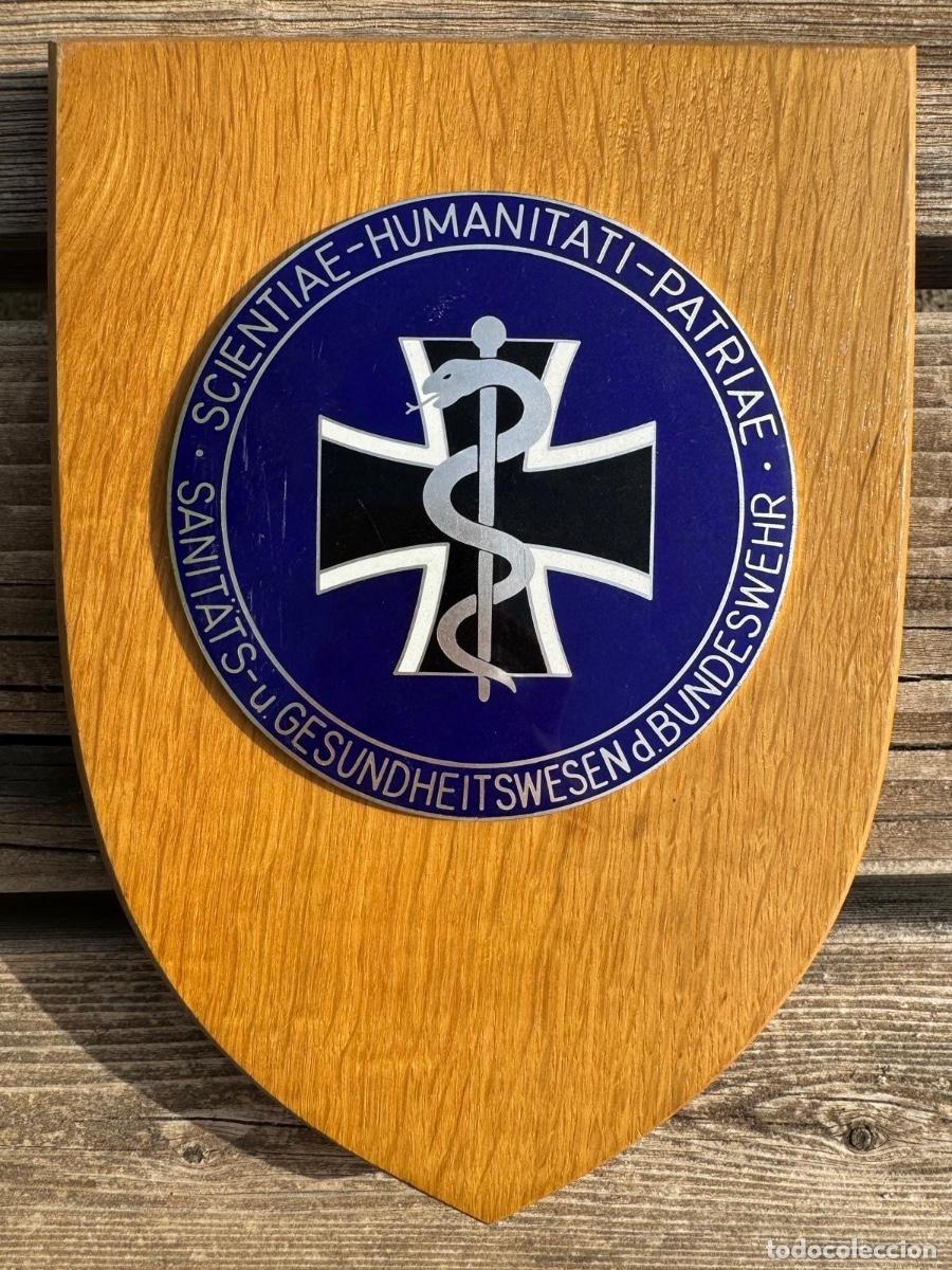 Militaria: Metopa metal esmaltado y madera sanidad Espa&ntilde;a Alemania scientiae humanitati patria e 22x15cms
