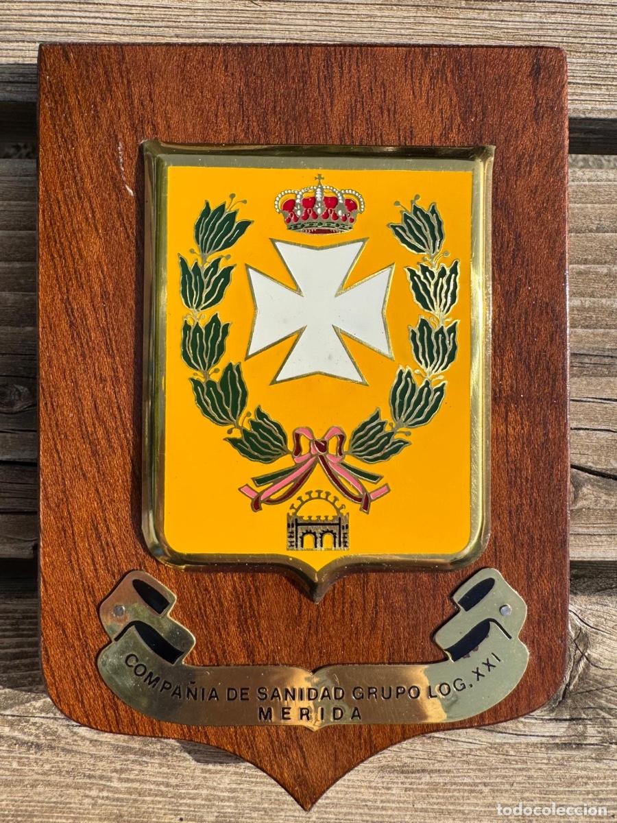 Militaria: Metopa militar bronce madera compa&ntilde;&iacute;a de sanidad grupo log&iacute;stico XXI M&eacute;rida 20x14cms