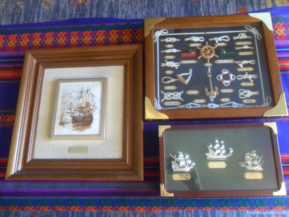 Militaria: 3 MARCOS MADERA CON OBJETOS NAVALES GALE&Oacute;N, BERGART&Iacute;N, BAJEL Y NUDOS MARINEROS. PRECIOSOS.