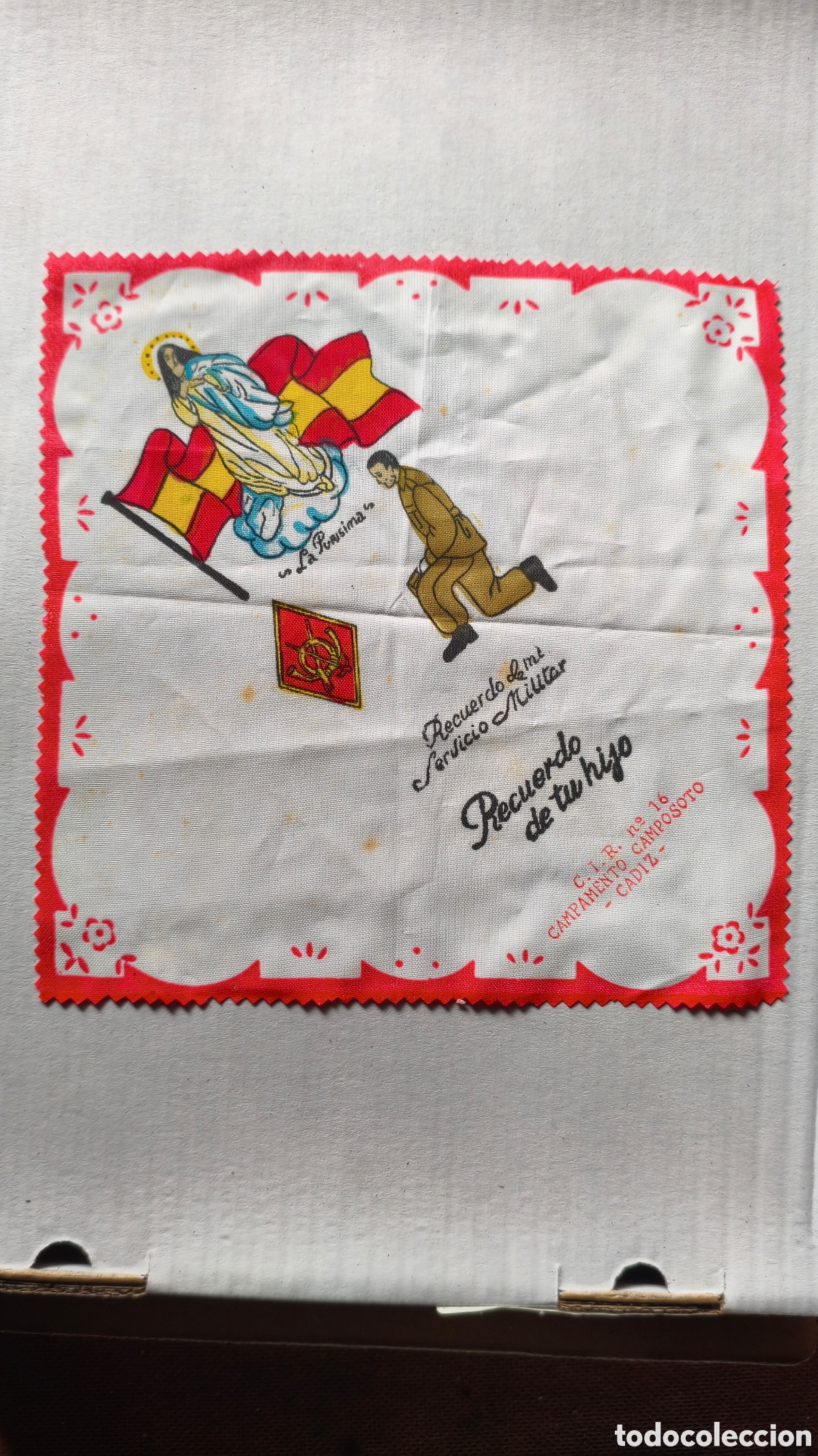 Militaria: Pa&ntilde;uelo militar Campamento Camposoto C&aacute;diz recuerdo la Purisima C.I.R 16
