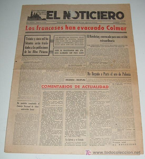 Military Antiques: ANTIGUO PERIODICO EL NOTICIERO - GUERRA CIVIL - ZARAGOZA 25 OCTUBRE DE 1939 - 12 PAG.