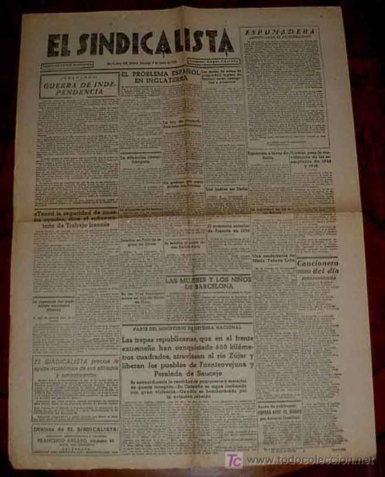 Militaria: ANTIGUO PERIODICO EL SINDICALISTA DE 8 DE ENERO DE 1939 PLENA GUERRA CIVIL ESPA&Ntilde;OLA - ORGANO DEL PAR