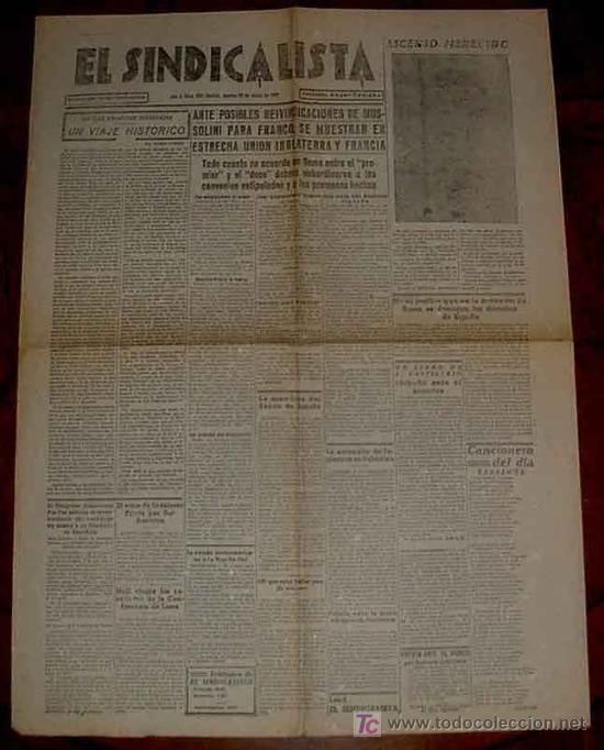 Militaria: ANTIGUO PERIODICO EL SINDICALISTA DE 10  ENERO DE 1939 PLENA GUERRA CIVIL ESPA&Ntilde;OLA - ORGANO DEL PAR