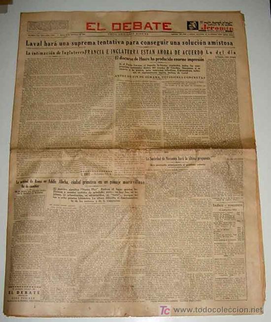Militaria: ANTIGUO PERIODICO EL DEBATE - 12 DE SEPTIEMBRE DE 1935 - PLENA REPUBLICA ESPA&Ntilde;OLA - LAVAL HARA UNA S