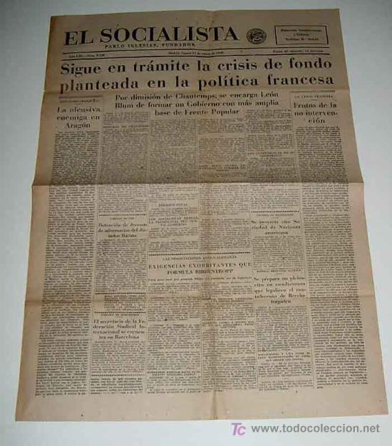 Militaria: ANTIGUO PERIODICO EL SOCIALISTA - 11 DE MARZO DE 1938 - 54 X 39 CMS - 2 PAG.