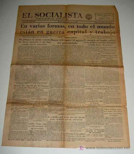 Militaria: ANTIGUO PERIODICO EL SOCIALISTA - 2 DE ENERO DE 1938 - EN VARIAS FORMAS EN TODO EL MUNDO ESTAN EN GU