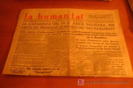 Military Antiques: Diario Republicano 'La Humanitat' Fundado por Lluis Companys, 22 de octubre 1937, noticias sobre..
