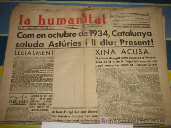 Militaria: La humanitat, 16 de setembre del 37, Com en octubre de 1934, Catalunya saluda Asturies ...