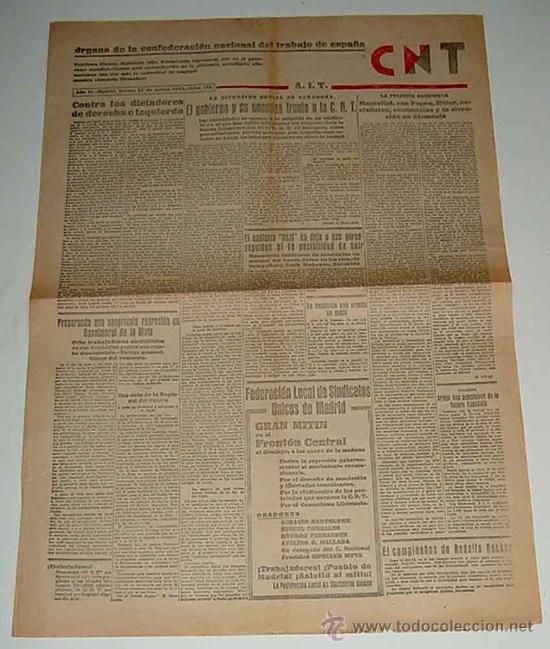Militaria: ANTIGUO PERIODICO DE LA CNT REPUBLICA 23 DE MARZO DE 1933 A.I.T. - ORGANO DE LA CONFEDERACION NACION