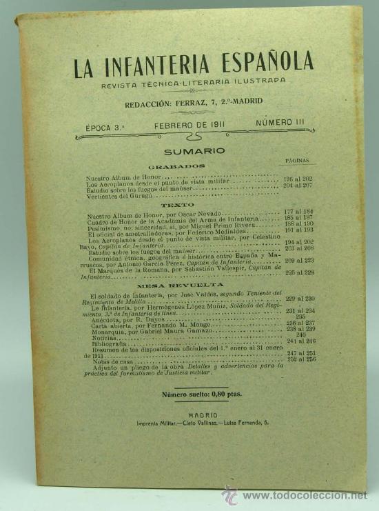 Militaria: La Infanter&iacute;a Espa&ntilde;ola Revista T&eacute;cnica Literatura Ilustrada Epoca 3&ordf; Feb 1911 N&ordm; III Cleto Vallinas