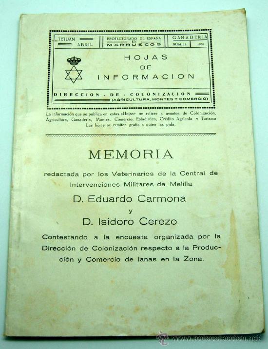 Militaria: Hojas Informaci&oacute;n Direc Colonizaci&oacute;n Tetu&aacute;n Protectorado Espa&ntilde;a Marruecos n 18 Producci&oacute;n lanas 1930
