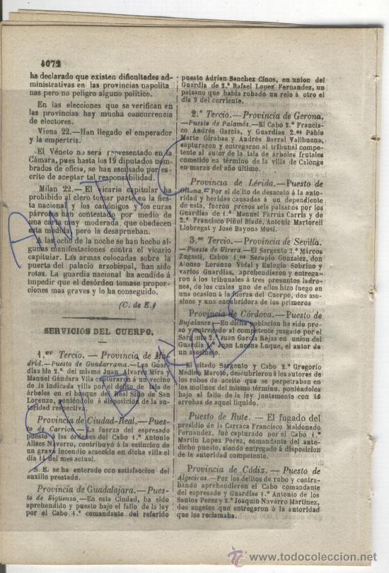 Militaria: BOLETIN.GUARDIA CIVIL.A&Ntilde;O 1861.O'DONNELL.GUADARRAMA.CARRION.PALAMOS.OLIANA.UTRERA.RUTE.ALGECIRAS.