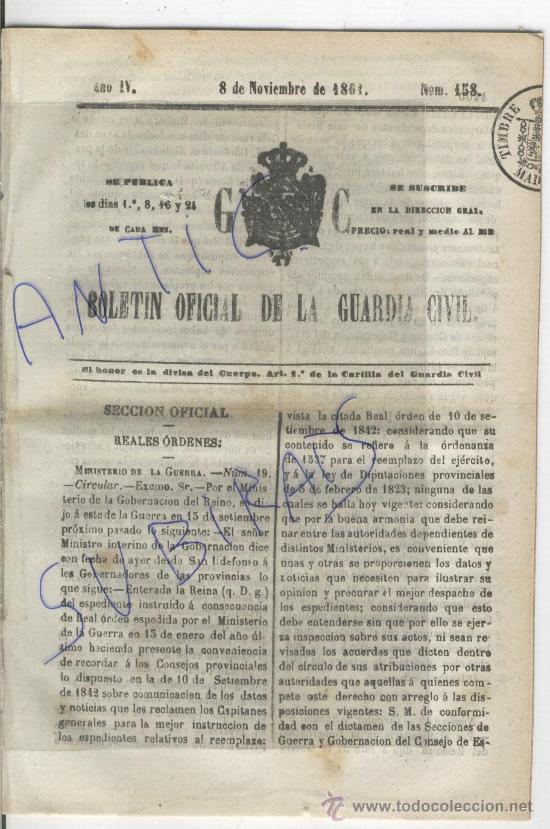 Militaria: BOLETIN.GUARDIA CIVIL.A.1861.FALSET.BAENA.CONIL.CAUDETE.ALAGON.TARAZONA.MOTRIL.TORDESILLAS.CARRANZA.