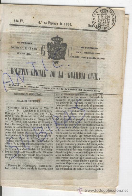 Militaria: BOLETIN.GUARDIA CIVIL.A&Ntilde;O 1861.VILLAREJO.CIEMPOZUELOS.VERGES. PONS.TORRENTE.BARRACAS.ORIHUELA.LUCENA
