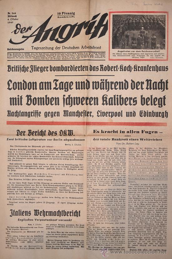 Militaria: Periódico Der Angriff - 09 Oct 1940 - Goebbels-Tercer Reich - NSDAP-Hitler - Foto 1 - 27890335