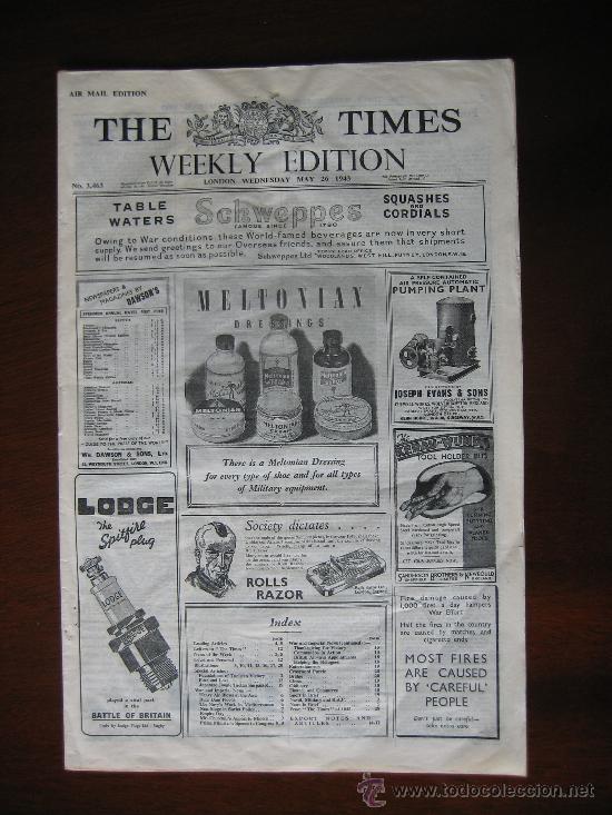 Military Antiques: Revista THE TIMES WEEKLY EDITION - n&ordm; 3463 -26 de Mayo de 1943 (20 paginas en papel biblia)