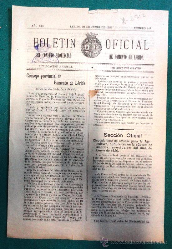 Militaria: Bolet&iacute;n Oficial del Consejo Provincial de Fomento de L&eacute;rida. N&ordm; 147, 30 de junio de 1926.