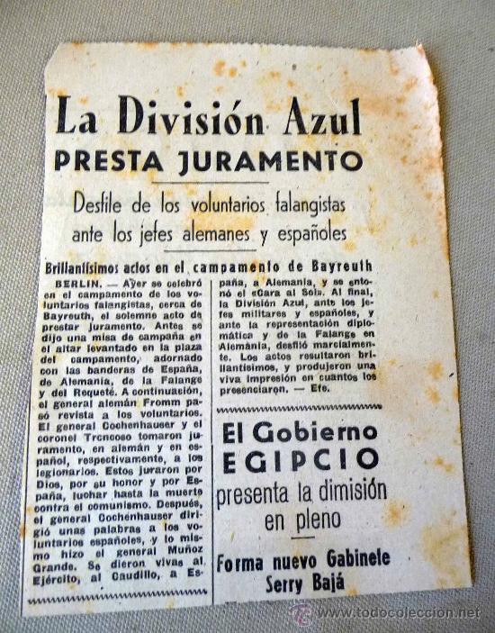 Militaria: RECORTE DE PERIODICO, DE EPOCA, DIVISION AZUL, PRESTA JURAMENTO, 16  X 12 CM, 1940S