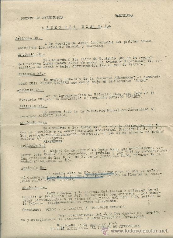 Militaria: Frente de Juventudes. Orden del D&iacute;a. n&ordm; 134. Barcelona.  1949.