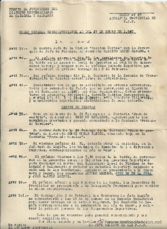 Militaria: Frente de Juventudes. Orden del D&iacute;a. n&ordm; 83. Barcelona.  1947.