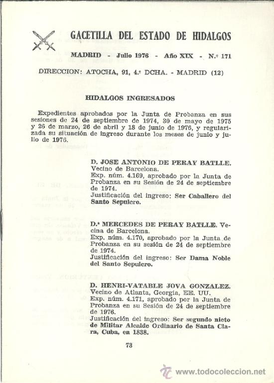 Militaria: Gacetilla del Estado de los Hidalgos. N&ordm; 171. 1976. Asociaci&oacute;n de Hidalgos a Fuero de Espa&ntilde;a.