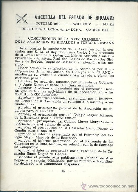 Militaria: Gacetilla del Estado de los Hidalgos. N&ordm; 227. 1981. Asociaci&oacute;n de Hidalgos a Fuero de Espa&ntilde;a.