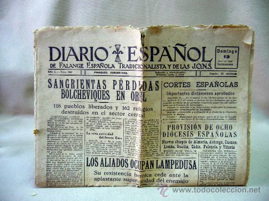 Military Antiques: PERIODICO, DIARIO ESPA&Ntilde;OL, J.O.N.S., JUNIO 1943, LOS ALIADOS OCUPAN LAMPEDUSA