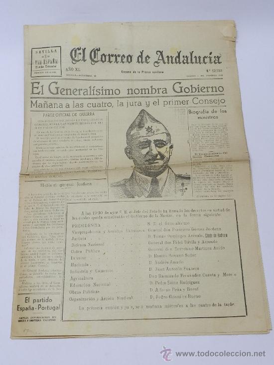 Militaria: EL CORREO DE ANDALUCIA, PLENA GUERRA CIVIL, 1 DE FEBRERO DE 1938, CONSTITUIDO EL GOBIERNO DE LA NACI